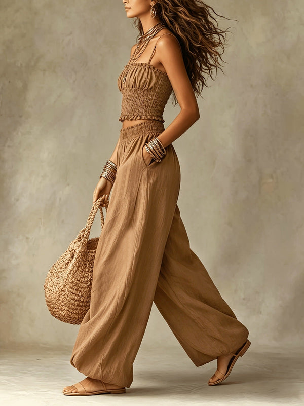 Conjunto de Dos Piezas: Top Corto Smock y Pantalón Palazzo de Pierna Ancha