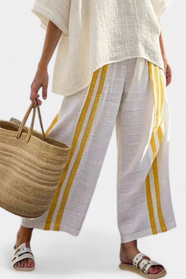 Freya | Conjunto Top Amarillo a Rayas y Pantalón Ancho de Lino