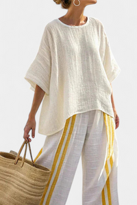 Freya | Conjunto Top Amarillo a Rayas y Pantalón Ancho de Lino