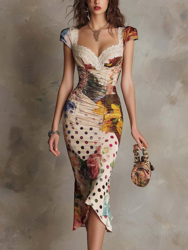 Vestido Midi Bodycon Fruncido con Estampado Mixto y Encaje