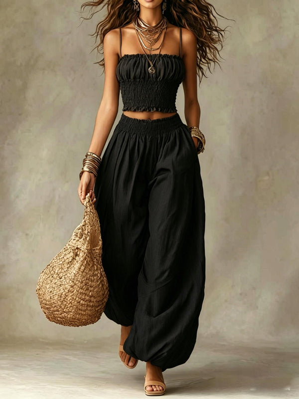 Conjunto de Dos Piezas: Top Corto Smock y Pantalón Palazzo de Pierna Ancha