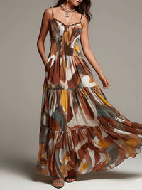 Vestido Maxi con Estampado Abstracto, Cuerpo Smock y Volantes por Niveles