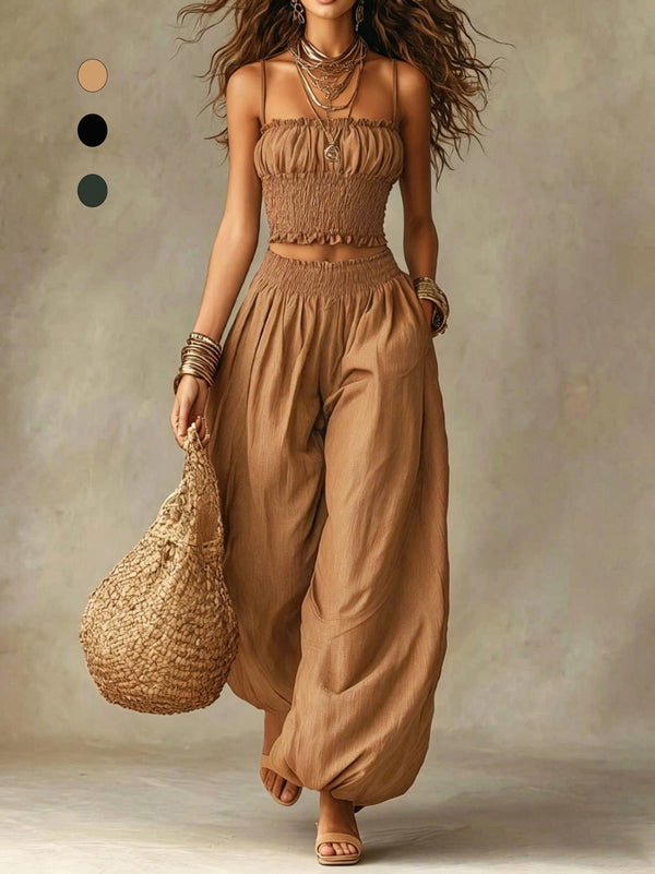 Conjunto de Dos Piezas: Top Corto Smock y Pantalón Palazzo de Pierna Ancha