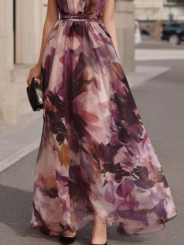 Vestido Maxi Floral sin Mangas con Cuello Lazada y Cinturón