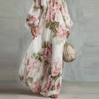 Pivoine | Robe Maxi Fleurie Épaules Dénudées, Manches Longues