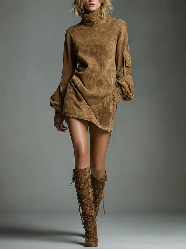 Romy | Minivestido vintage de ante con cuello alto