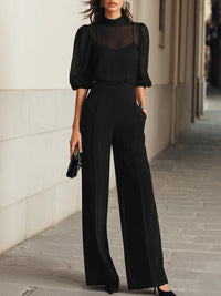 Conjunto Negro de Top de Gasa y Pantalón Évasé