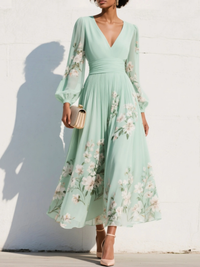 Vestido Midi Verde Claro con Motivos Florales