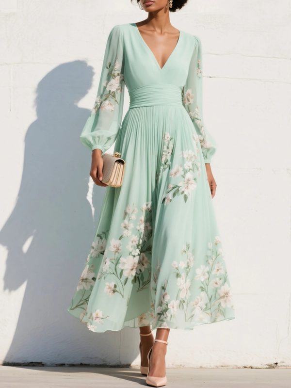 Vestido Midi Verde Claro con Motivos Florales