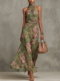 Serena · Vestido Maxi Elegante de Chifón Floral con Cuello Halter