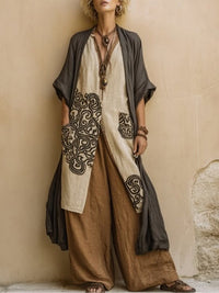 Giulia · Conjunto Bohemio de Tres Piezas en Gris Oscuro y Marrón con Estampado Tribal