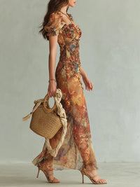 Clémentine · Vestido Largo de Gasa Naranja con Estampado Pictórico Bohemio