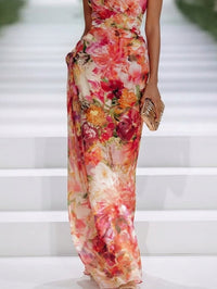 Cerise · Vestido Largo de Gasa Roja con Cuello Halter y Estampado Floral