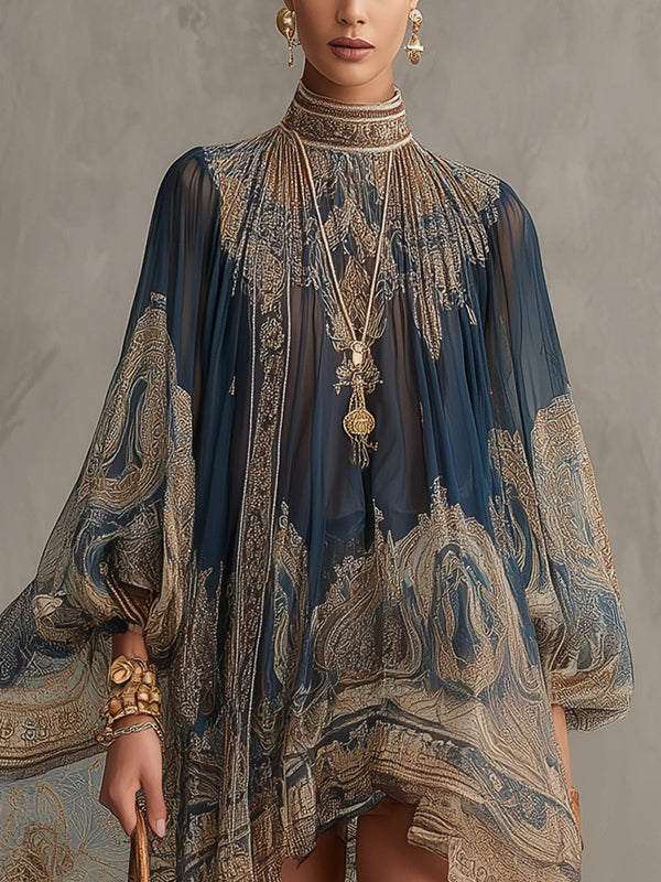 Bérénice | Vestido Mini de Gasa Asimétrico con Estampado Barroco Azul Marino y Cuello Alto