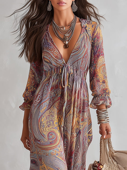 Pénélope · Vestido Largo de Gasa con Estampado Cachemir y Escote en V