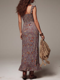 Griselle | Robe Maxi Fleurie Plissée, Gris-Violet