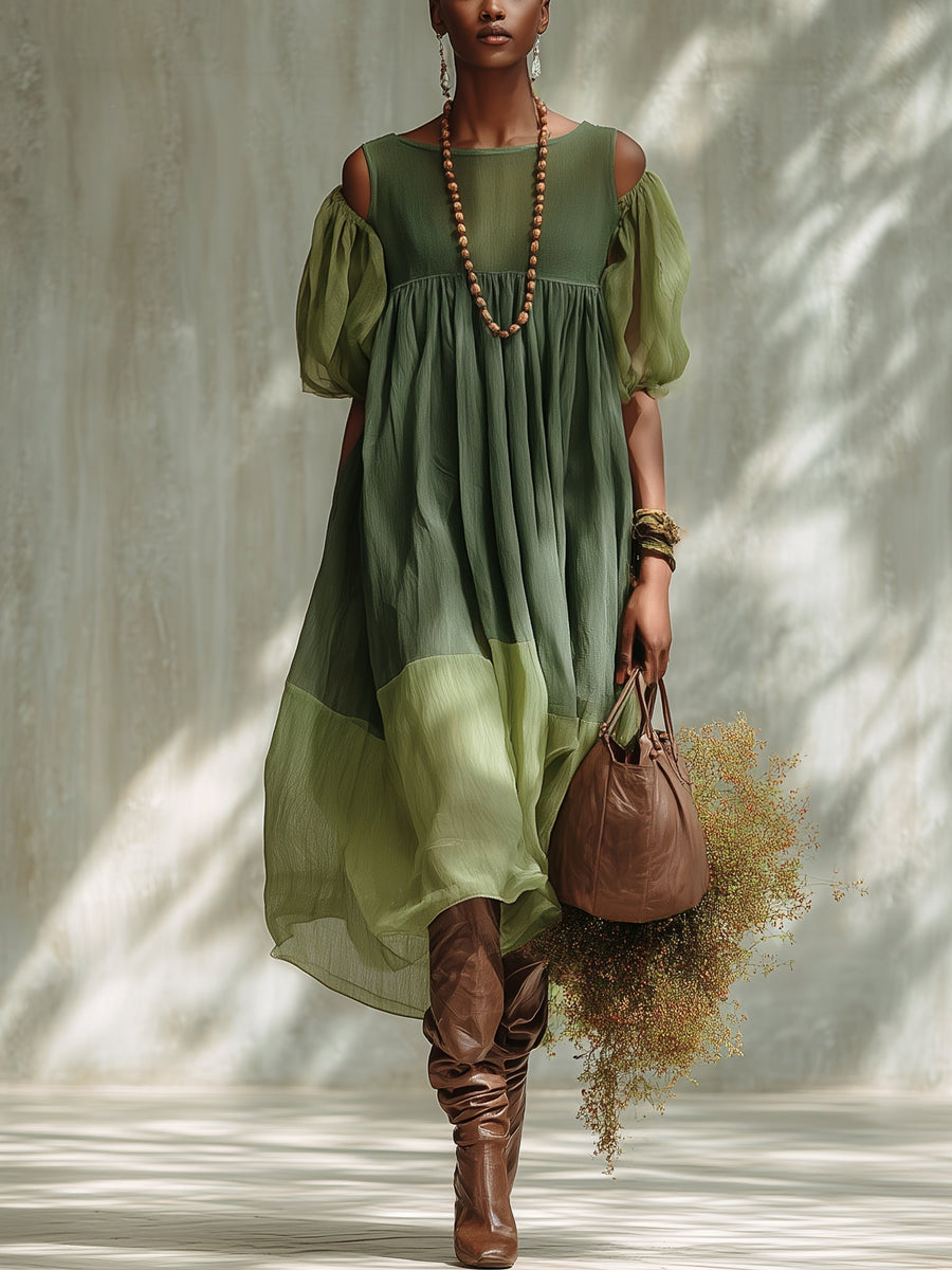 Sylviane · Vestido Midi de Gasa Verde con Hombros Descubiertos y Manga Corta