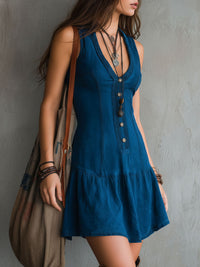 Garance · Vestido Corto Índigo Bohemio con Escote en V y Botones