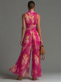 Océane | Combinaison Sans Manches en Mousseline Plissée, Zip, Imprimé Floral Fuchsia