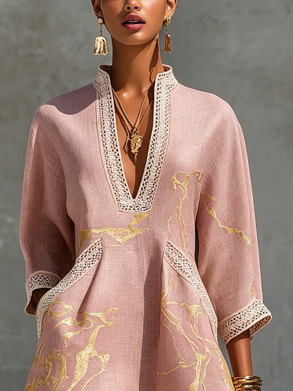 Cyrielle · Vestido Corto de Encaje de Ganchillo Rosa con Motivos Dorados