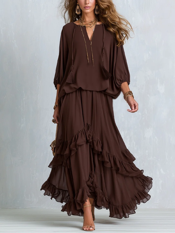 Ondine | Conjunto de top marrón de gasa con flecos y falda de volantes