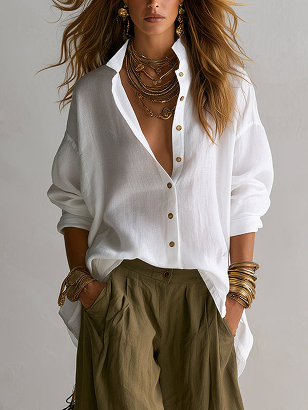 Capucine | Camisa blanca amplia y pantalón balloon verde oliva