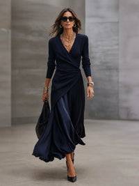 Adriana | Conjunto de vestido maxi cruzado de canalé azul marino