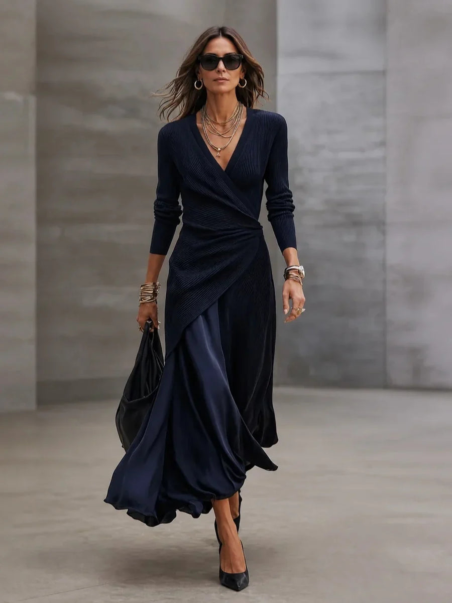 Adriana | Conjunto de vestido maxi cruzado de canalé azul marino