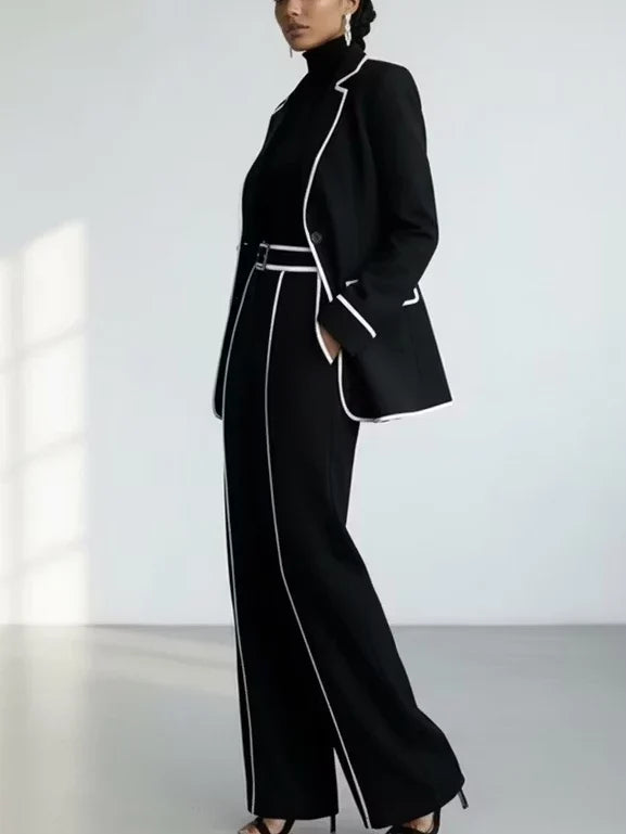 Karin | Conjunto de blazer con ribetes de contraste y pantalón de pierna ancha