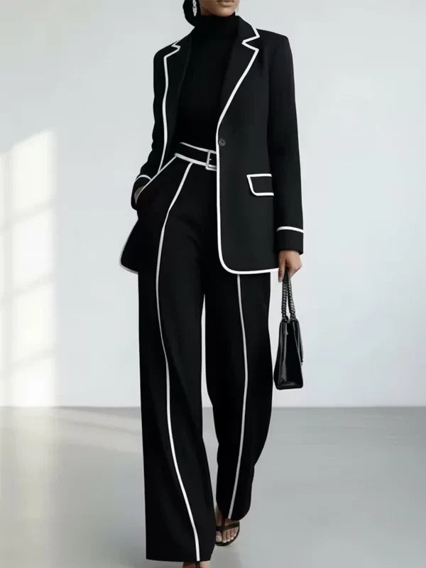 Karin | Conjunto de blazer con ribetes de contraste y pantalón de pierna ancha