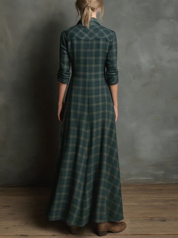 Margaux | Vestido camisero largo con cuello vichy verde