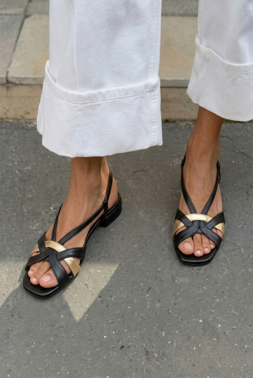 Sandalias slingback de punta cuadrada con correas cruzadas, correas y tacón bajo