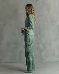 Chiara · Vestido Elegante de Tejido Lujo con Mangas de Flecos