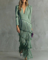 Chiara · Vestido Elegante de Tejido Lujo con Mangas de Flecos