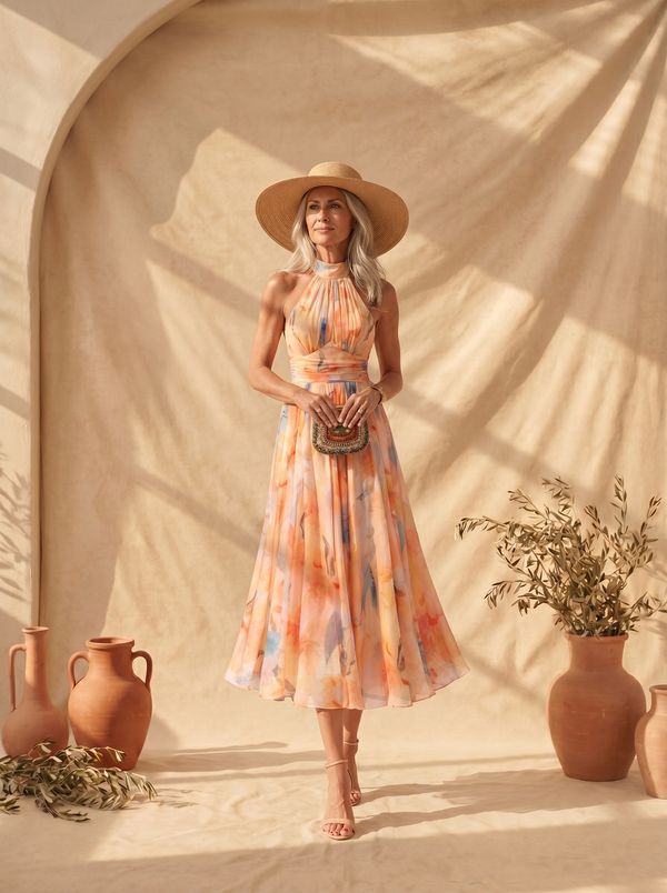 Aurora · Vestido Halter de Seda con Estampado Acuarela