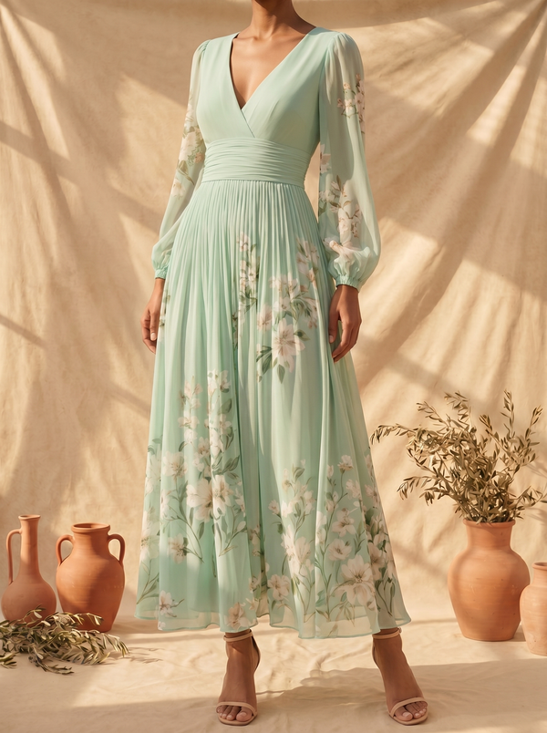 Vestido Midi Verde Claro con Motivos Florales