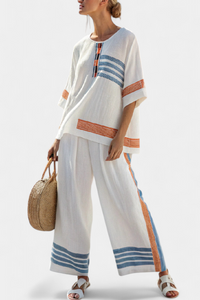 Emilia | Conjunto Top Azul-Naranja a Rayas y Pantalón