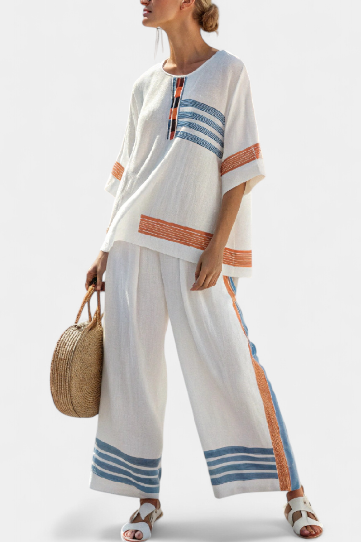 Emilia | Conjunto Top Azul-Naranja a Rayas y Pantalón