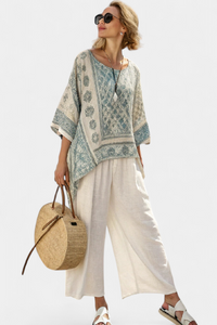 Eliza | Conjunto Blusa Estampada y Pantalón Blanco Ancho