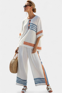 Emilia | Conjunto Top Azul-Naranja a Rayas y Pantalón