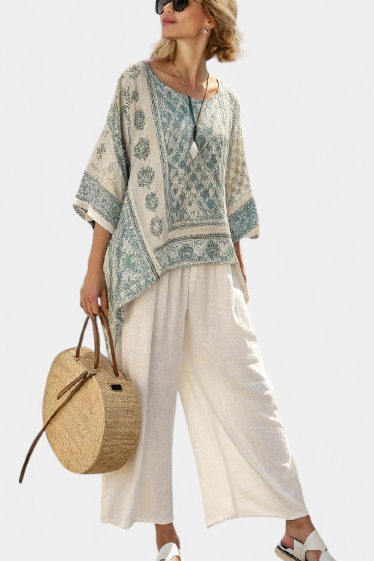 Eliza | Conjunto Blusa Estampada y Pantalón Blanco Ancho
