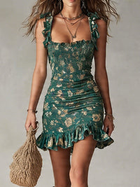 Sylvaine · Vestido Corto de Volantes con Estampado Verde Bohemio