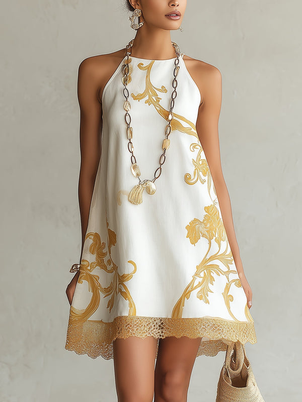 Héloïse · Vestido Mini de Encaje Blanco con Motivos Dorados