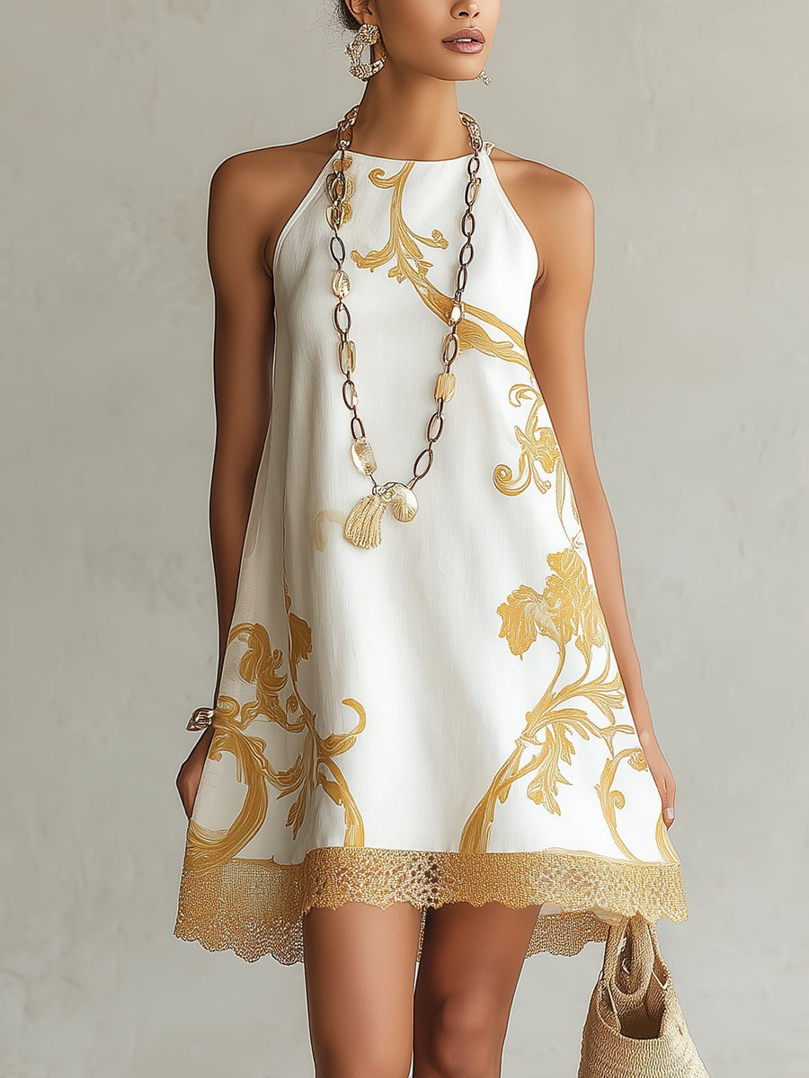 Héloïse · Vestido Mini de Encaje Blanco con Motivos Dorados