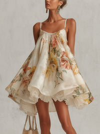 Blanche · Vestido Mini de Organza Floral Beige