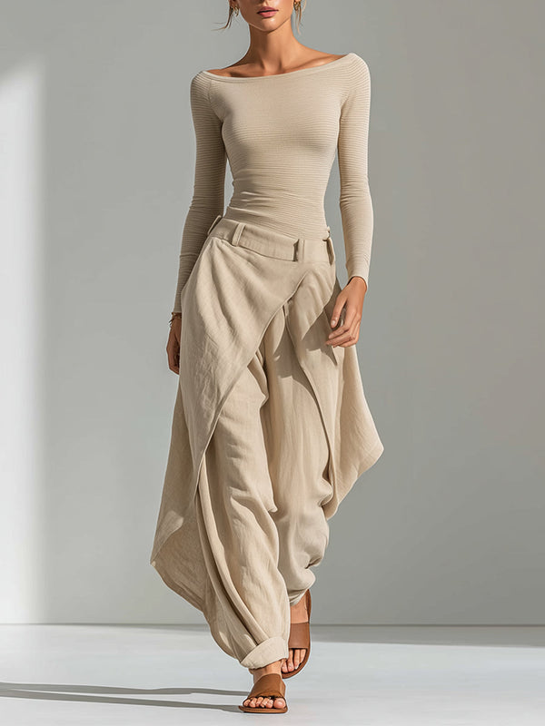 Éveline | Conjunto de top beige con cuello barco y pantalón ancho con volantes