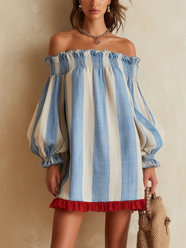 Ondine · Vestido Mini de Rayas Azul y Blanco con Hombros Descubiertos