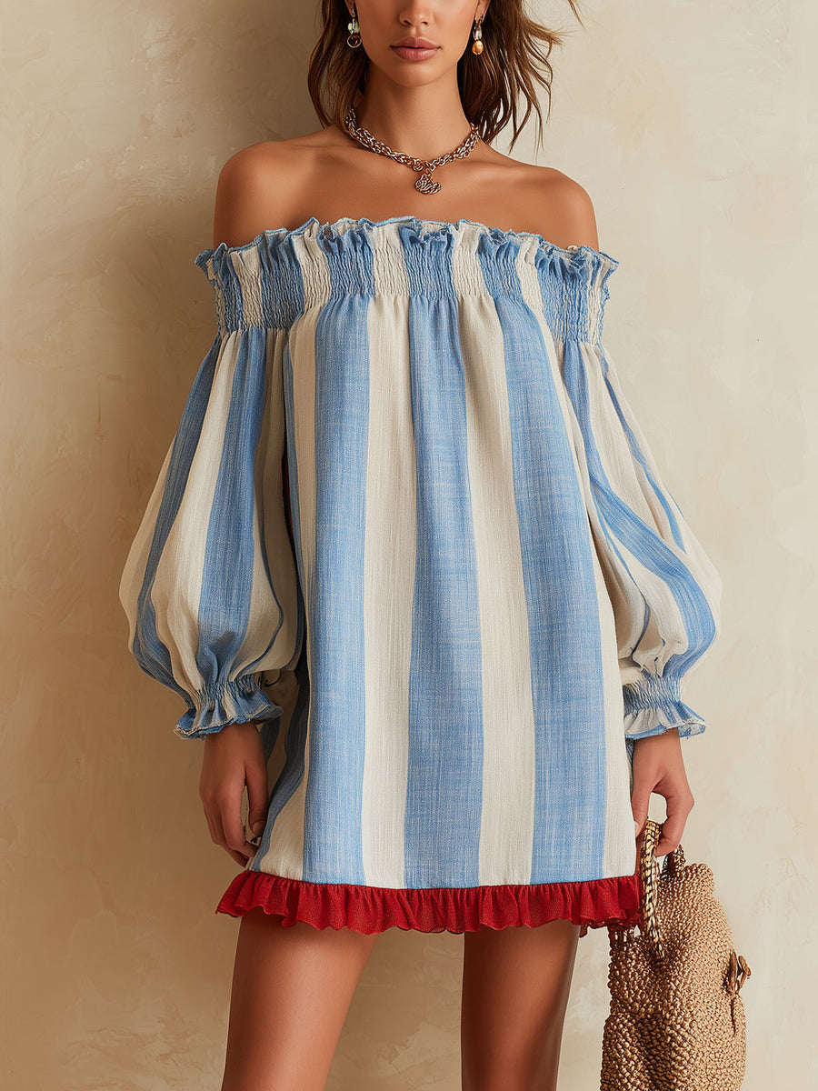 Ondine · Vestido Mini de Rayas Azul y Blanco con Hombros Descubiertos