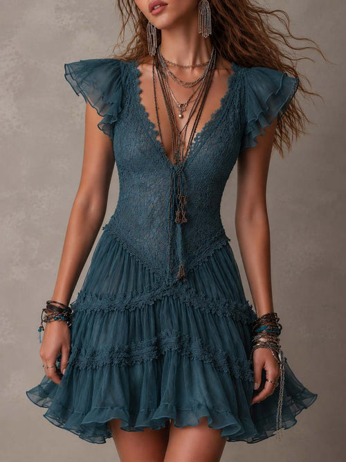 Delphine · Vestido Mini de Encaje y Gasa Azul Retro