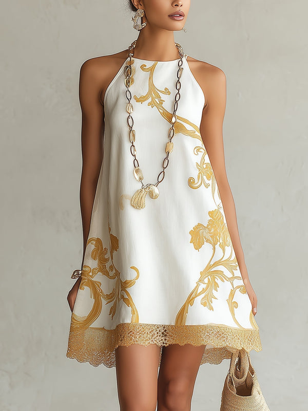 Héloïse | Minivestido de encaje blanco con motivos dorados